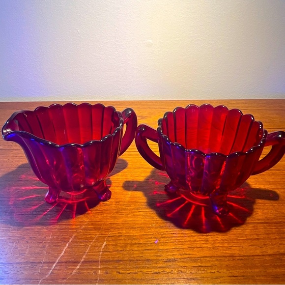 Vintage Imperial Glass Ruby Red Pillar Flute Footed Creamer and Open Sugar - Picture 1 of 8